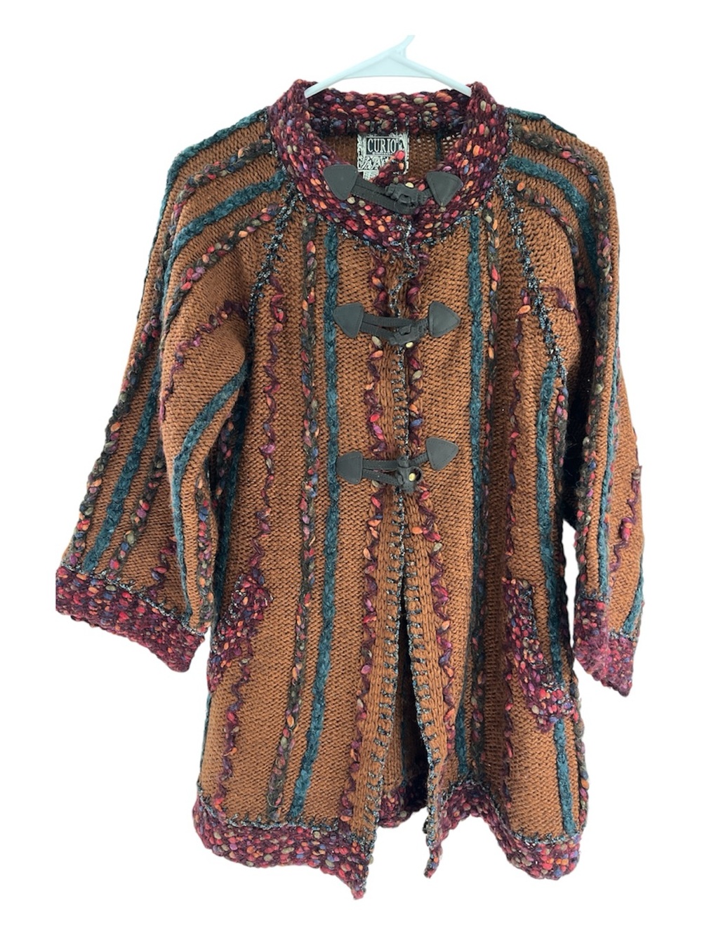 Vintage Curio Women's Multicolor Orange Knit Cardigan Sweater Boho Angora Mohair